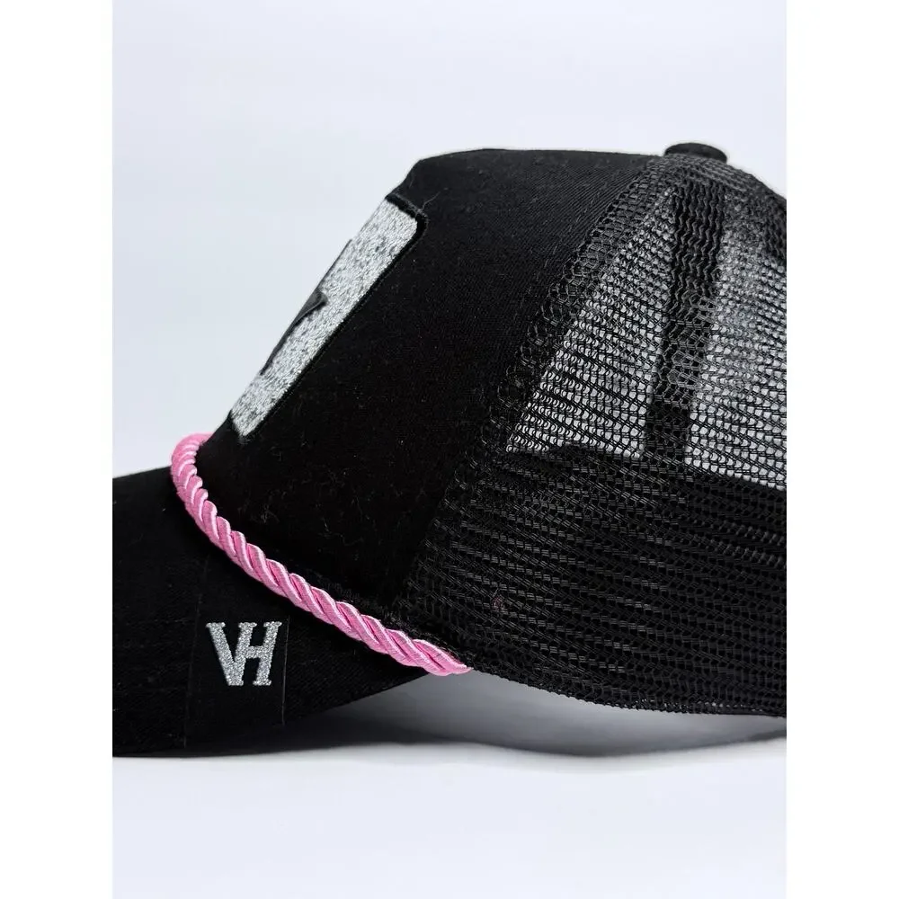 VINTAGE HAVANA 1954 Trucker Hat Cap Women | Mesh, Black/Pink/Silver Sparkly
